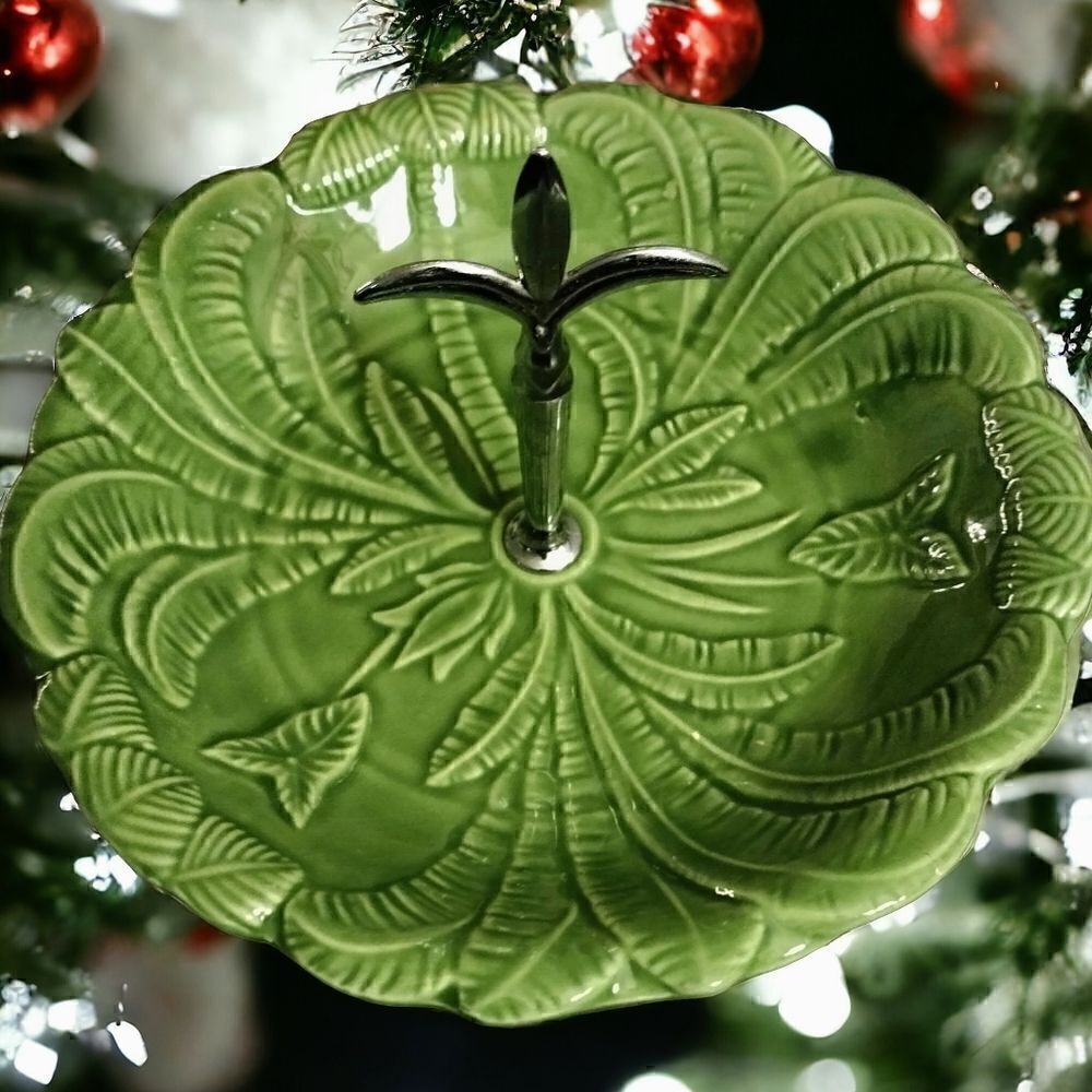 50’s VINTAGECALIFORNIA POTTERY USA 693 12”  Serving Dish Green w/ SILVER Handle